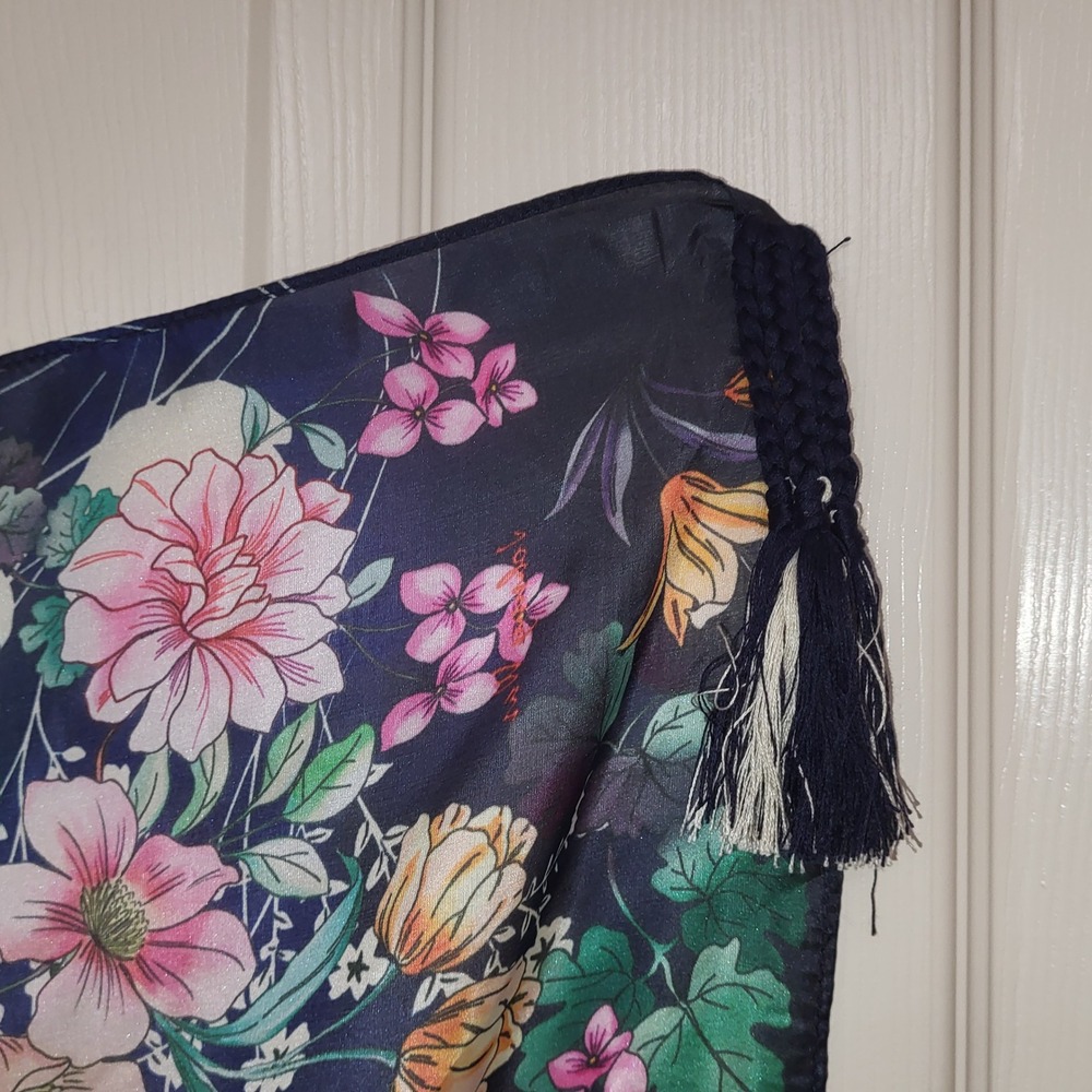 Johnny Was Bursting Scarf Navy Blue Floral 100% Silk 42" Square with Tassels - Picture 3 of 6